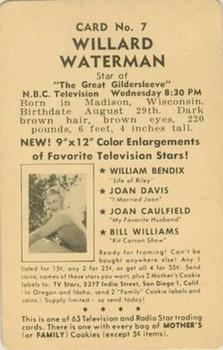 1952 Mother's Cookies Television and Radio Stars #7 Willard Waterman Back