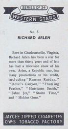 1957 Jaycee Tipped Cigarettes Western Stars #5 Richard Arlen Back