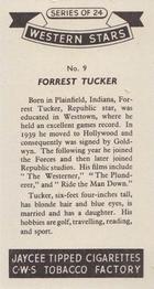 1957 Jaycee Tipped Cigarettes Western Stars #9 Forrest Tucker Back