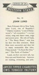 1957 Jaycee Tipped Cigarettes Western Stars #10 John Lund Back