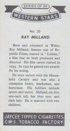1957 Jaycee Tipped Cigarettes Western Stars #20 Ray Milland Back