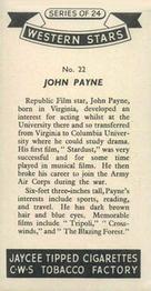 1957 Jaycee Tipped Cigarettes Western Stars #22 John Payne Back