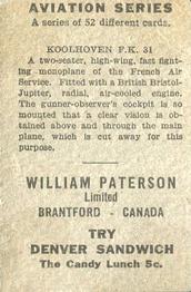 1930 William Paterson Aviation Series (V88) #34 Koolhoven F.K.31 Back