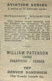 1930 William Paterson Aviation Series (V88) #38 Supermarine Rolls Royce S.6 Back