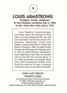 1992 Eclipse Yazoo Records Early Jazz Greats #4 Louis Armstrong Back