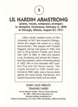 1992 Eclipse Yazoo Records Early Jazz Greats #5 Lil Hardin Back