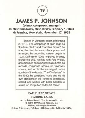 1992 Eclipse Yazoo Records Early Jazz Greats #19 James P. Johnson Back