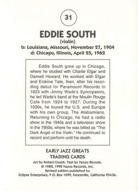1992 Eclipse Yazoo Records Early Jazz Greats #31 Eddie South Back