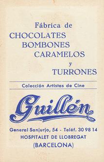1954 Guillen Chocolate Cinema Stars #NNO Karin Booth Back