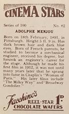 1936 Facchino's Cinema Stars #82 Adolphe Menjou Back