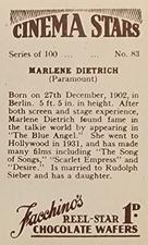 1936 Facchino's Cinema Stars #83 Marlene Dietrich Back