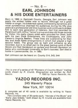 1985 Yazoo Records Pioneers of Country Music #6 Earl Johnson and his Dixie Entertainers Back