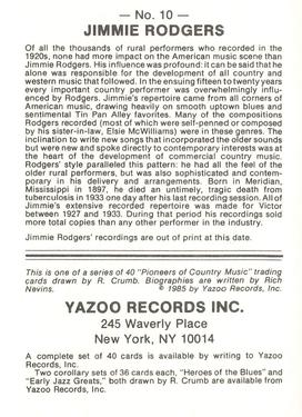 1985 Yazoo Records Pioneers of Country Music #10 Jimmie Rodgers Back