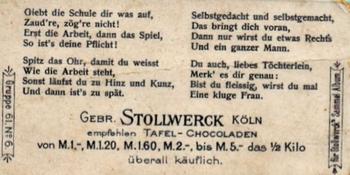 1898 Stollwerck Wenn bekommt das Kind Stollwerck'sche Chokolade? Album 2 Gruppe 61 #6 Schuiárbeiten Back