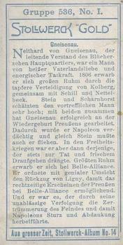 1913 Stollwerck Album 14 Gruppe 536 Die Befreier des Baferfandes II #1 Gneisenau Back