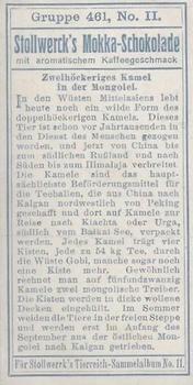 1910 Stollwerck Album 11 Gruppe 461 Camels and Reindeer #2 Zweihöekeriges Back
