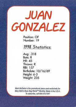 1999-00 Mary Beth's Bean Bag World Monthly #NNO Juan Gonzalez Back