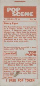 1970 Lyons Maid Pop Scene #24 Barry Ryan Back