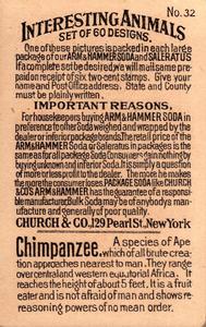 1898 Dwight's Soda Interesting Animals (J10) - Arm & Hammer Interesting Animals #32 Chimpanzee Back
