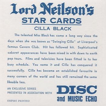 1968 Lord Neilson's Star Cards #NNO Cilla Black Back