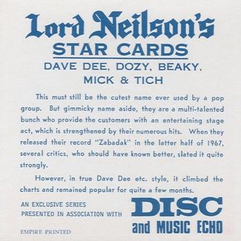 1968 Lord Neilson's Star Cards #NNO Dave Dee, Dozy, Beaky, Mick & Tich Back