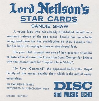 1968 Lord Neilson's Star Cards #NNO Sandie Shaw Back