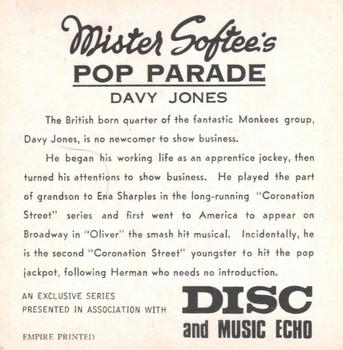 1968 Mister Softee's Pop Parade #NNO Davy Jones Back