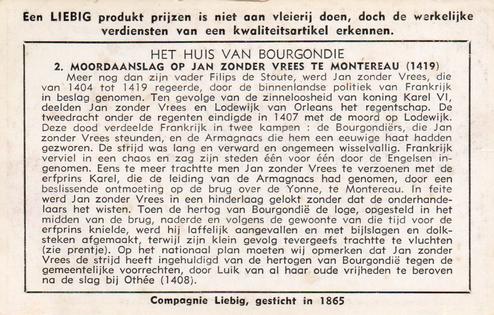 1951 Liebig Het Huis van Bourgondie (The Court of Bourgogne) (Dutch Text) (F1524, S1513) #2 Moordaanslag op Jan Zonder vrees te Monteruau (1419) Back