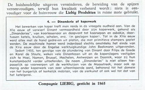 1951 Liebig Enkele Belgische plaatselijke bedrijvigheden (Some occupations of Belgians) (Dutch Text) (F1507, S1510) #4 Dinanderie of koperwerk Back