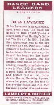 1992 Card Collectors Society 1936 Lambert & Butler Dance Band Leaders (Reprint) #14 Brian Lawrance Back