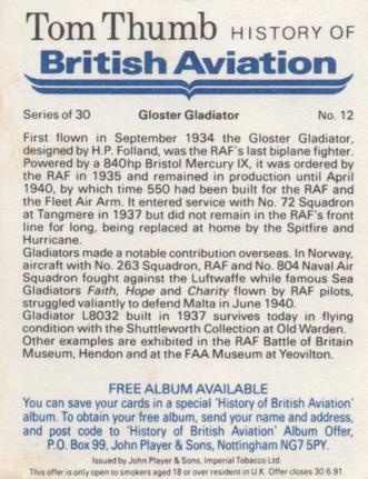 1988 Player's Tom Thumb History of British Aviation #12 Gloster Gladiator Back