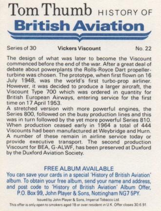 1988 Player's Tom Thumb History of British Aviation #22 Vickers Viscount Back