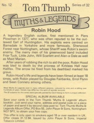 1982 Player's Tom Thumb Myths & Legends #12 Robin Hood Back