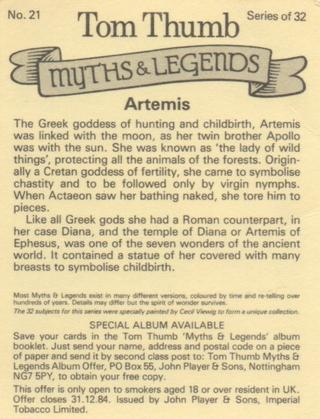 1982 Player's Tom Thumb Myths & Legends #21 Artemis Back