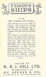 1940 R. & J. Hill Famous Ships #30 The Empress of Canada Back