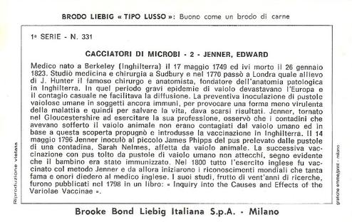 1973 Brooke Bond Liebig Cacciatori di microbi I (The fight against microbes) (Italian Text) (F1857, S1858) #2 Edward Jenner Back