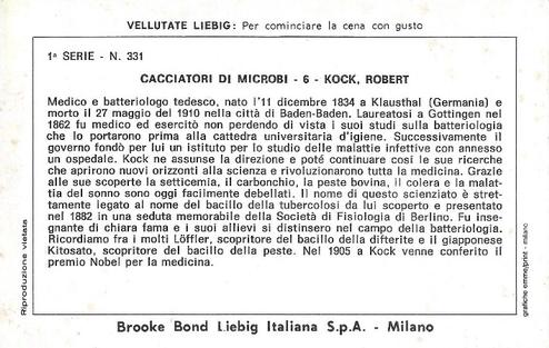 1973 Brooke Bond Liebig Cacciatori di microbi I (The fight against microbes) (Italian Text) (F1857, S1858) #6 Robert Koch Back