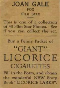 1932 Australian Licorice Film Stars Grey 2nd Series #NNO Joan Gale Back