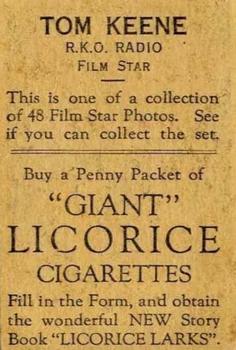 1932 Australian Licorice Film Stars Grey 2nd Series #NNO Tom Keene Back