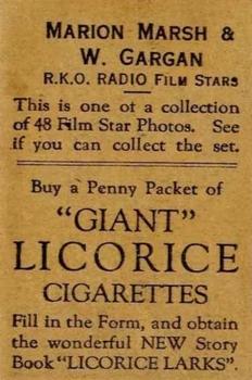 1932 Australian Licorice Film Stars Grey 2nd Series #NNO Marian Marsh / William Gargan Back