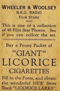 1932 Australian Licorice Film Stars Grey 2nd Series #NNO Bert Wheeler / Robert Woolsey Back