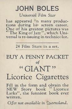 1935 Australian Licorice Film Stars Brown 2nd Series #NNO John Boles Back