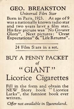 1934 Australian Licorice Film Stars Brown 1st Series #NNO George Breakston Back