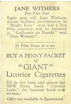 1934 Australian Licorice Film Stars Brown 1st Series #NNO Jane Withers Back