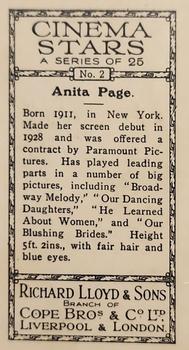 1932 Lloyd's Cinema Stars #2 Anita Page Back
