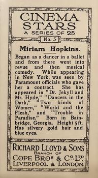 1932 Lloyd's Cinema Stars #5 Miriam Hopkins Back