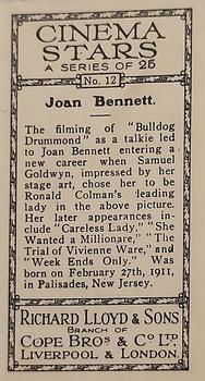 1932 Lloyd's Cinema Stars #12 Joan Bennett Back