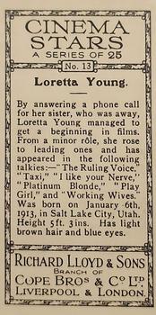 1932 Lloyd's Cinema Stars #13 Loretta Young Back