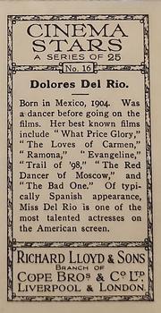 1932 Lloyd's Cinema Stars #16 Dolores Del Rio Back