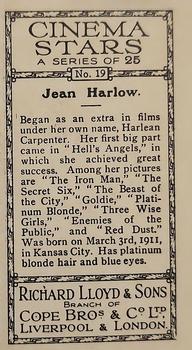 1932 Lloyd's Cinema Stars #19 Jean Harlow Back
